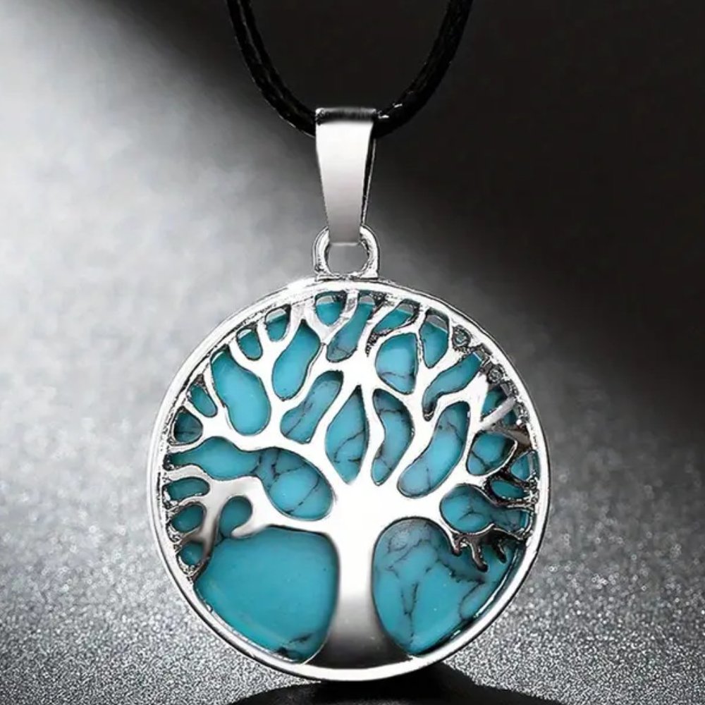 Natural Gemstone Tree Of Life Blue Howlite Round Pendant Gemstone Necklace